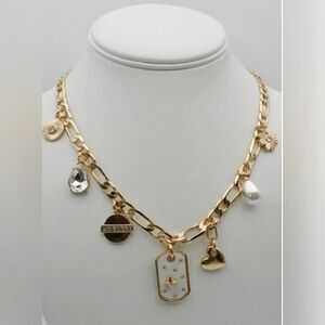 On 34th Gold Dog Tag Faux Pearl Charm Chain Necklace with Mixed Charms